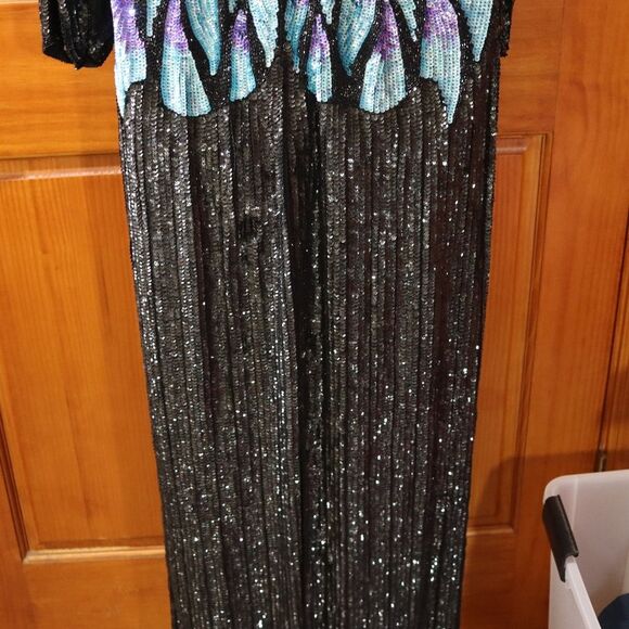 Vintage 80s Silk Sequin Peacock Butterfly Evening Gown Maxi Dress - Picture 9 of 16